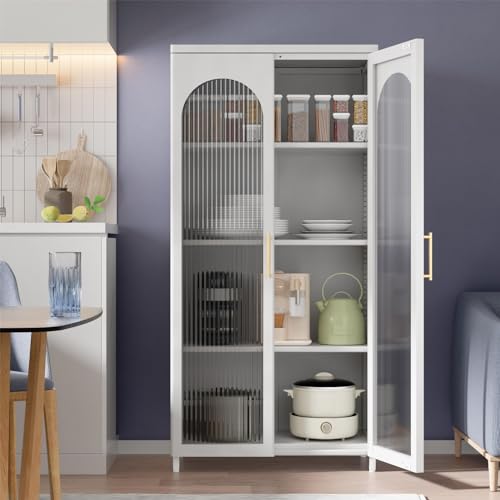 VASAAOSD Kitchen Storage Cabinets, Pantry Cabinet with Glass Door and Adjustable Shelves, Kitchen Pantry Hutch Cabinet, Metal Sideboard Buffet Cabinet for Living Room, White
