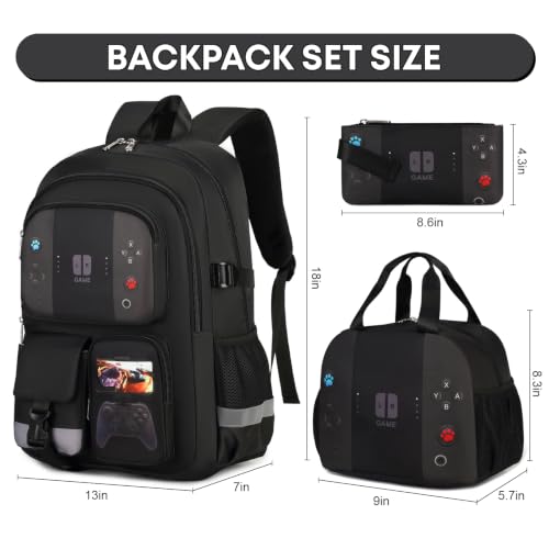 Image of 3PCS Boys Backpack for School Kids Schoolbag Teens Book Bag | Teen Boys Elementary Middle School Backpack College Student Bookbag with lunch box Children Waterproof Laptop Bag Black