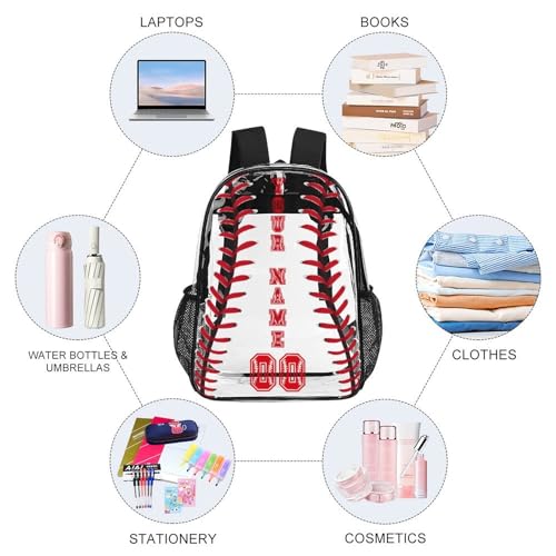 Custom Baseball Clear Backpack Heavy Duty for Girls Kids Boys Women Men - PVC Baseball Printing Transparent Backpack for Schools Stadium Concerts Work - Clear/Black4