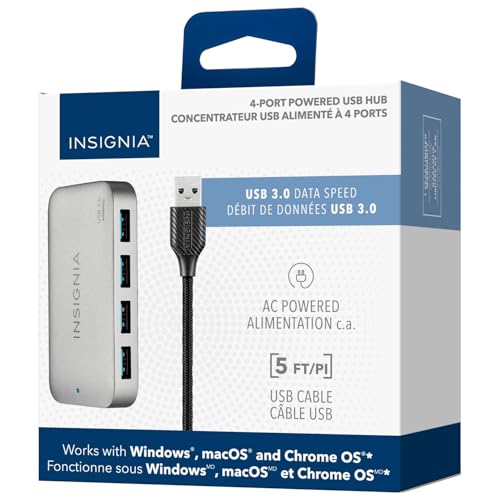 Insignia 4-Port USB 3.0 Hub with 5ft. Cable Power Supply, USB Splitter Expander for Laptop, Xbox, Flash Drive, HDD, Console, Printer, Camera, Keyborad, Mouse, MacBook, Surface, PC, Silver Grey