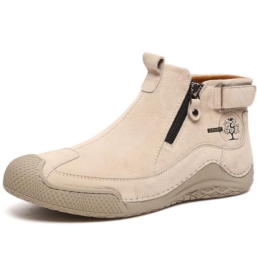 Zeberfi Men's Waterproof Suede Chukka Ankle Boots for Hiking Camping & Driving All Season Fashion Retro Side Zip Hand Stitched High Top Chukka Outdoor Walking Sneakers
