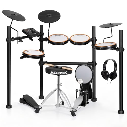 AODSK Electric Drum Set with Quiet Mesh Pads,Electronic Drum for Beginner,USB MIDI,Throne,Headphones,Sticks, Included 40 Kits and 450 Sounds