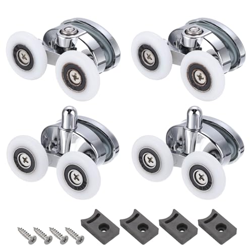 sourcing map 4 Pcs Shower Door Rollers, 23mm Dia ABS Bathroom Glass Door Top Bottom Twin Rollers Runners for 4-5mm Glass Door, Kitchen Sliding Door Pulleys Wheels Replacement with Screw, Silver