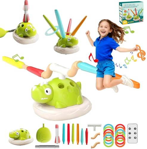 Megele 3 in 1 Dinosaur Rocket Launcher, Spinning Dinosaur Toy with Remote Control, Musical Jump and Toss, Indoor & Outdoor Sports Toys