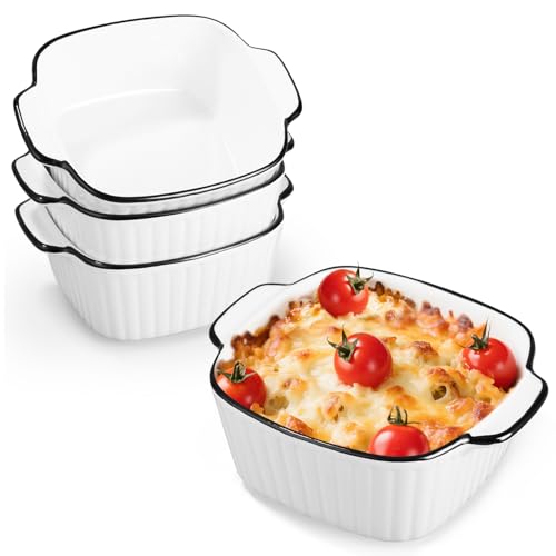 Zaxiva Juego de 4 Platos de Cerámica para Hornear, 400ML Platos Cuadrados para Hornear, 14.5 x 11.5 x 5.5cm, Plato Pequeño de Cerámica para Horno con Asas, para Horno, Freidorade de Aire y Microondas