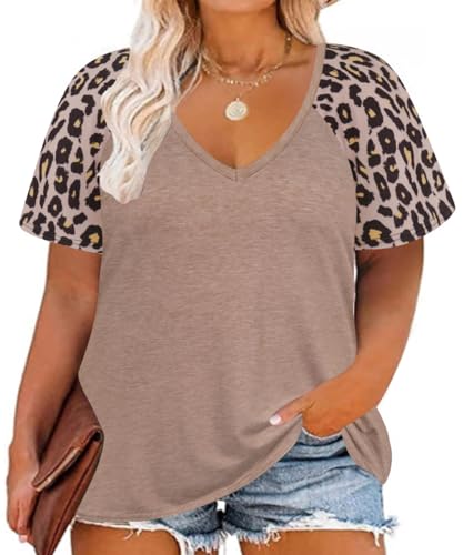 Image of CARCOS Plus Size Tops for Women Short Sleeve Raglan Striped Tee Color Block Crewneck /V Neck Tunic Loose Fit Summer XL-5XL