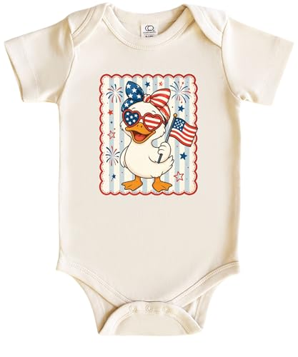 Patriotic Duck Baby Bodysuit Fourth of July Infant Outfit Cute USA Duck Romper (US, Age, 6 Months, Natural)