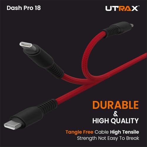 Image of UTRAX 65W USB A to Type C Fast Charging Cable, Unbreakable Nylon Braided, Multi Protocol Support, Copper Connector, Fast Charge & Data Sync for Android Smartphones, Tablets (Red)