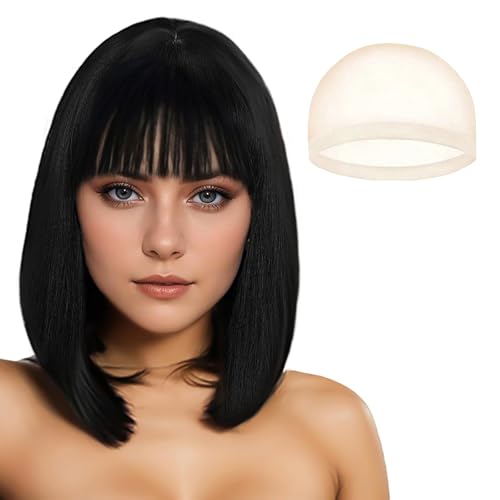JSTHHTT 30cm Noir Courte Perruque avec Frange, Naturelle Synthétique Perruques pour Femmes, pour Cosplay, Fête, Halloween, Quotidienne