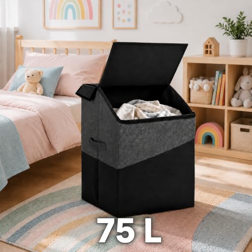 Image of 75 Liter Non Woven Laundry Basket with 2 Side Pockets for Socks and Handkerchief |Foldable Clothes Storage Bin Organizer for Dirty Clothes, Kids Toys, Bedroom & Bathroom (black)