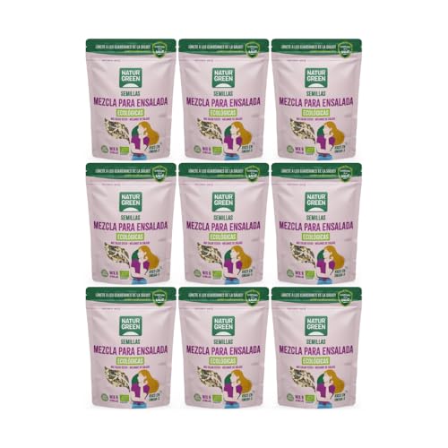 NaturGreen - Mezcla de 6 Semillas Ensalada Bio, Pack 9 x 200 g, Girasol, Calabaza, Lino, Sésamo y Amapola, Rico en Omega 3, Fibra y Proteína, Ecológico y Vegano