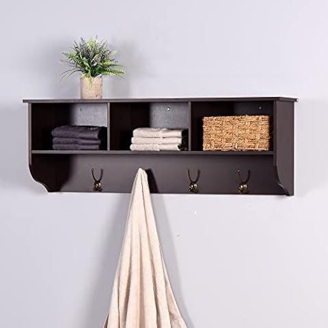 Mbolyeer Wall Mount Coat Rack with Shelf: Entryway Wood Storage Cubes with 4 Dual Hooks - 38.5 Inch Wooden Floating Shelves with Hanging - for Living Room Bathroom Kitchen (Espresso) Cover