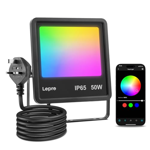 Lepro Led Flood Light Outdoor 50w, Colour Changing Floodlight App Control, 16M Colors DIY, LightGPM AI Mode, Music Sync, Voice Control with Alexa&Goog