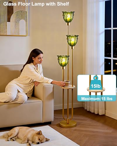 Image of Lightdot 3-Lights Glass Floor Lamp for Living Room Modern Gold Floor Lamp with Green Glass Shade 3000K Bulbs Included Tall Standing Lamp with 5Lb Heavy Base for Bedroom /Sofa Corner Decor-Foot Switch