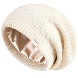 YANIBEST Satin Lined Beanie, Warm Winter Hats for Women, Classic Slouchy Beanie Knit Hat, Beige