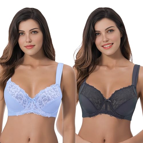 Curve Muse Women's Plus Size Unlined Underwire Lace Bra with Cushion Straps-Blue,Grey-Size:34C (EU:75C)