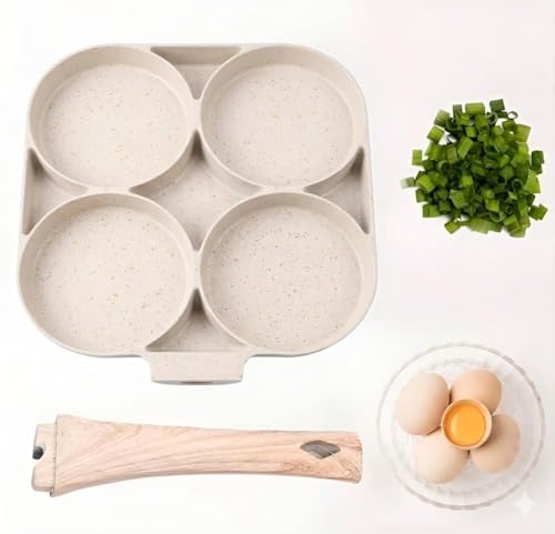 Image of Niyam 4 Hole Non Stick Egg Frying Pan with Wooden Texture Handle, Granite Coated Multi Section Omelet Pancake Pan, Induction and Gas Compatible Breakfast Skillet Cooking Pans (White B, 17cm)
