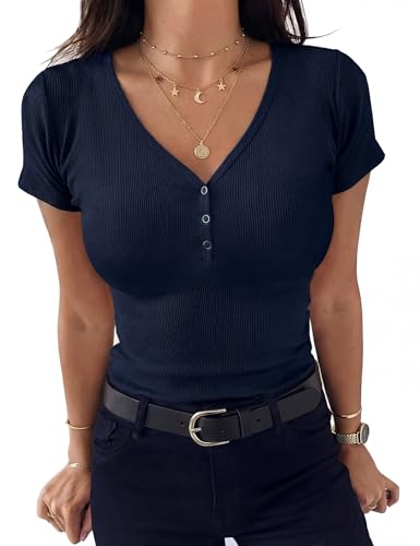 Aottori Summer T Shirts for Women UK V Neck Ribbed Knit Tops Ladies Short Sleeve Button Down Tee Shirt Lightweight Stretchy Fitted Tunic Top Navy XXL
