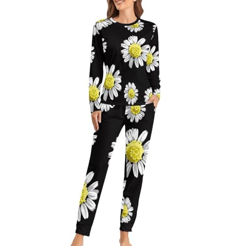 Pyjama femme marguerites blanches sleepwear t-shirt manches longues pantalon vêtement de nuit