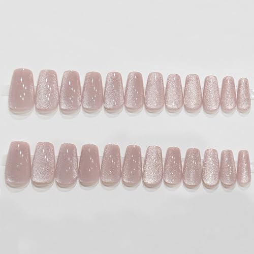 Image of Secret Lives Cats Eye Reusable Artificial Coffin Shape Brown color Designer Fake Press on Nails 24 Pieces Set with Kit
