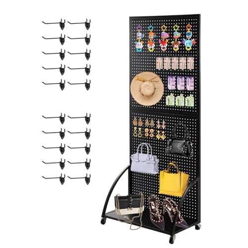 2.5'x 6' Metal Pegboard Display Stand with Base Plate, Black Standing Pegboard Panels Display with Wheels, Craft Show Display Rack, Art Display Stand, Retail Display, Extra 20 pieces Hooks