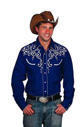 Men's Cotton Blend Retro Leaf Embroidery Western Shirt-Royal Blue-XL