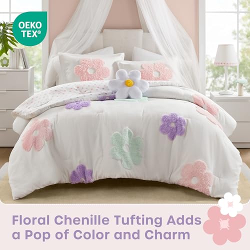 Intelligent Design Kids Full Comforter Set for Girls, Tufted Chenille Floral Comforter Set Queen, Lightweight Polka Dot Reversible Bed Set, Shams, Pillow, Gracie, Full/Queen White/Purple 4 Piece