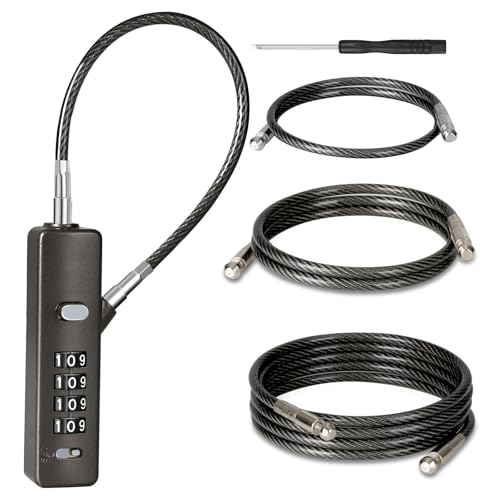DELSWIN Cable Locks with Combination, 4-Digit Combination Lock with 3 Steel Ropes (9'' /23.6'' /47.2''), Security Cable Lock for Luggage, Helmet, Gym Locker, Cabinet, Gate (Gun-Grey)