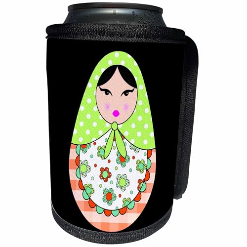 Can Cooler Bottle Wrap - Cute Russian Matryoshka Nesting Doll Black Hair - Warm Colors Black Designs Dolls