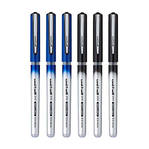 uni-Ball QWiK Refill UB 215 Micro Roller Pen (0.5mm, Multicolor Body, Blue & Black Ink, Pack of 12)