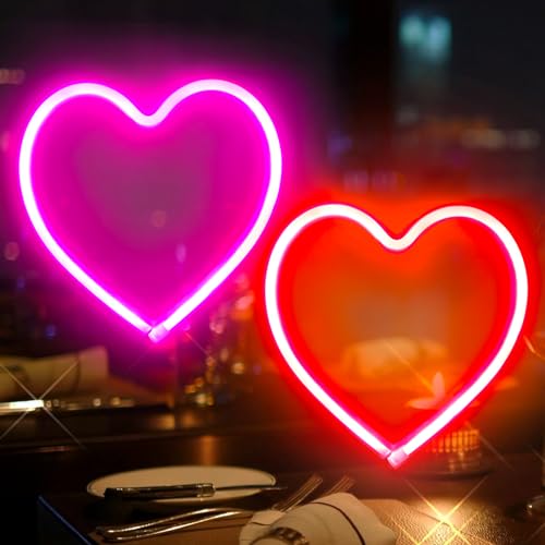 Image of 2PK Heart Neon Sign Battery Operated or USB Powered Heart Lights Pink & Red | LED Heart Neon Lamp for Valentines Day Wedding Proposal Mother's Day Dorm Bedroom Decor, Gifts for Mom Wife Girfriend Girls