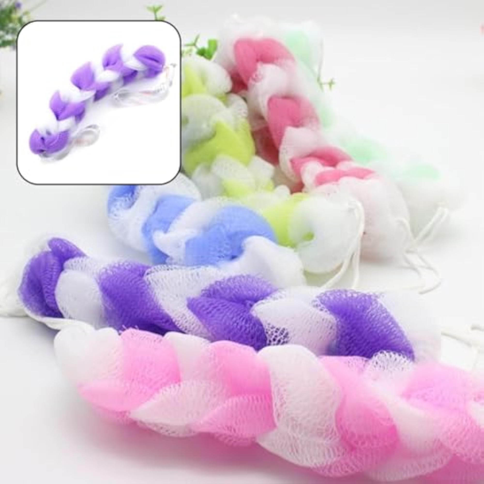Hanging Bath Shower Loofah Sponge Pouf, Pack of 6