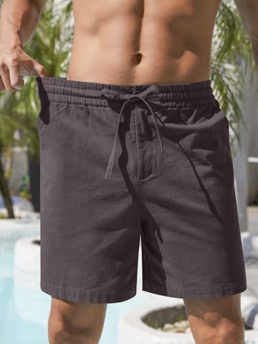 Image of RQP Mens Cotton Linen Shorts Casual Drawstring 7inch Inseam Shorts Stretch Summer Beach Wear