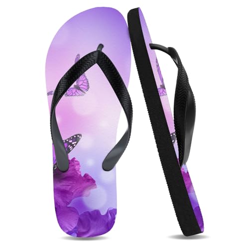 Unisex Beach Flip Flops, Purple Butterfly Design, Black Straps