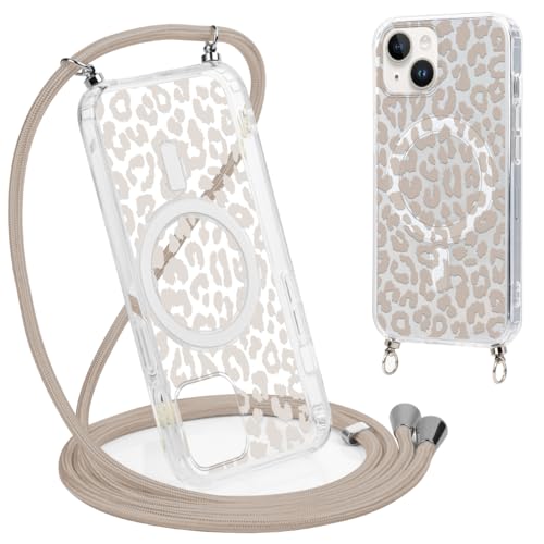 Coalbooliy Handykette Handyhülle für iPhone 13 Mini Hülle 5 4 mit Band Cover Kompatibel mit Magsafe Transparent Aesthetic Leopard Muster Cover mit Kordel zum umhängen Case Stoßfest 01