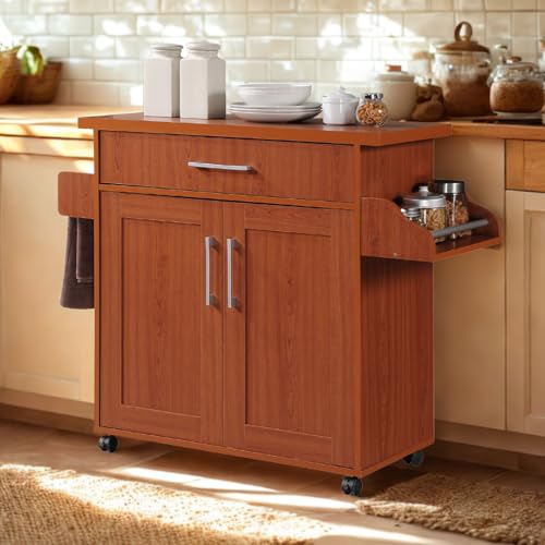 image for Hodedah Rolling Wood Kitchen Island Cart with Spice Rack, Towel Rack, 