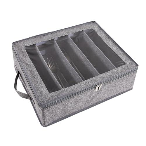 WEESTAAMO Besteckkasten mit Deckel & verstellbaren Fächern | 40.9cm Grauer Küchen-Organizer für Bestecke, Gläser & Campinggeschirr | Staubdichte...