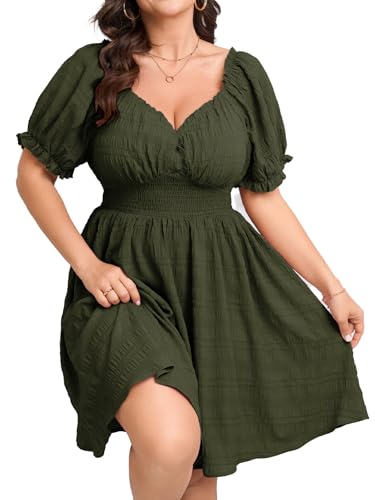 Image of SCOMCHIC Womens Plus Size Summer Dresses Casual Sun Dress Sweetheart V Neck Puff Short Sleeve Smocked A Line Mini Dress