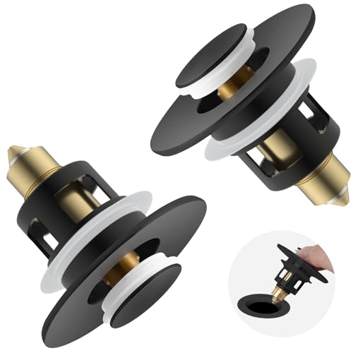 2PCS Universal 2 in 1 Bathroom Sink Stopper, All Metal Pop Up Sink Strainer with Anti-Clogging Filter Basket, for Standard 1"-2.3" Basin Drain Holes, Matte Black