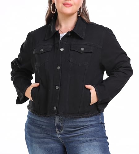 andy & natalie Women's Plus Size Jean Jacket Fashion Lightweight Denim Jackets Frayed Hem Casual Jacket2