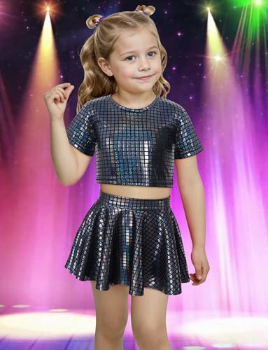 Image of Happy Cherry Kid Girl Shiny Skirt and Top Set 2 Pcs Short Sleeve Metallic Disco Crop Top & Pleated Mini Skirt Set