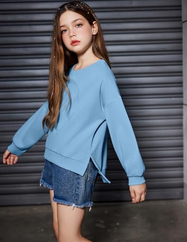 Image of Arshiner Girls Crewneck Sweatshirt Long Sleeve Pullover Tops Drop Shoulder Sweatshirts Side Split