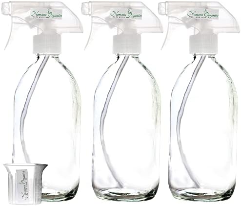 Nomara Organics Clear Glass Spray Bottles, 3 Pack, Trigger Pump Fine Mist Spraying, BPA Free Reusable Container for Cleaning Products, Kitchen, Bathroom, Organic Oil Cooking, 500 mL