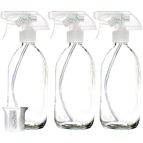 Nomara Organics Clear Glass Spray Bottles, 3 Pack, Trigger Pump Fine Mist Spraying, BPA Free Reusable Container for Cleaning Products, Kitchen, Bathroom, Organic Oil Cooking, 500 mL Cover