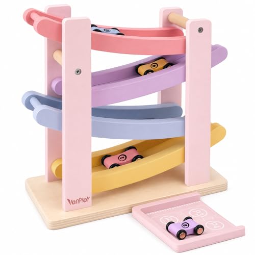 Product Image of the Vanplay Car Ramp Toys for One Year Old Girl Birthday Gifts, Montessori Toys for 1 2 Year Old, Wooden Race Track Truck Toy with 4 Mini Cars, First Christmas Birthday Gifts for Toddler Girl Toys 1-3-2-4