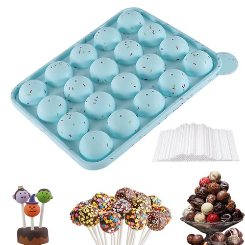 Cake Pop Formen, 1 Stück Silikon-Kuchenform, mit 200 Stäbchen, 20 Kavitäten Silikon Cake Pop Form für Hartbonbons, Lutscher und Party Cupcake Größe 22.5 x 18.5 x 2.5 cm Blau