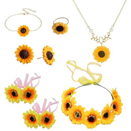 DuoLiAnLiang Sonnenblumen Kostüm für Damen & Mädchen – Komplett-Set mit Blumenkranz, Ohrringen, Armband & Ring – Ideal für Karneval, Sommerparty, Hochzeit & Festival