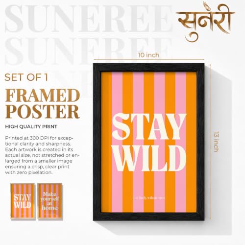 Image of Suneree Stay Wild Make Yourself At Home Wall Art Set of 2 Framed Paintings | Orange Pink Retro Typography Poster | Bedroom Living Room Home Decor (Art 19, 10x13 Inches, Black)