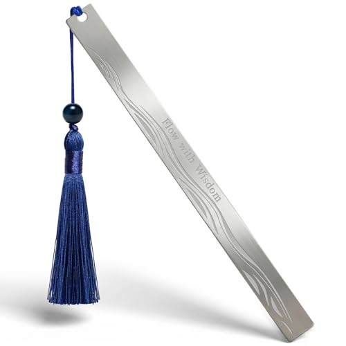 Stainless Steel Bookmark for Men - Flow with Wisdom Gift for Dad Husband and Book Lovers | Laser Engraved Metal Page Holder with Blue Tassel 5.9 Inches