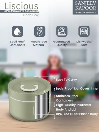 Image of Sanjeev Kapoor By Classic Essentials Luscious Microwave Friendly Leakproof Insulated Tiffin Set with Bag & Cutlery | 2x600ml + 2x400ml Containers (2000ml) | Thermoware Lunch Box | Green